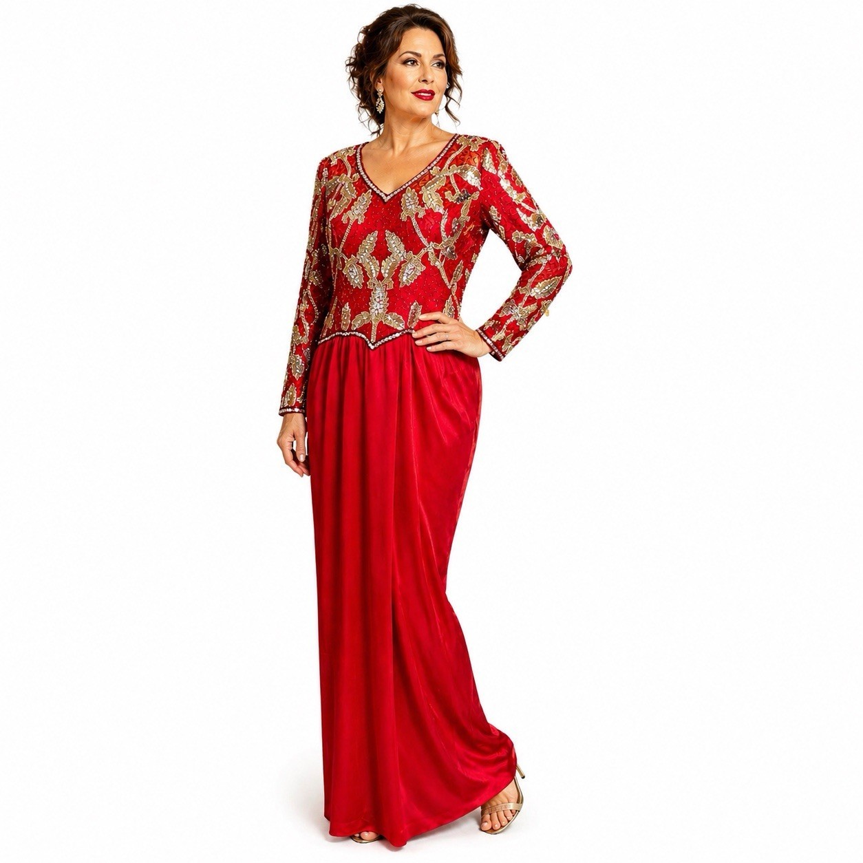 Vintage 80s Black Tie He-Ro Red Beaded Sequin Evening Gown Dress Plus Size 18